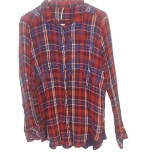 Free People Embroidered Plaid Lightweight Gauzy Flannel Shirt Size M VGUC